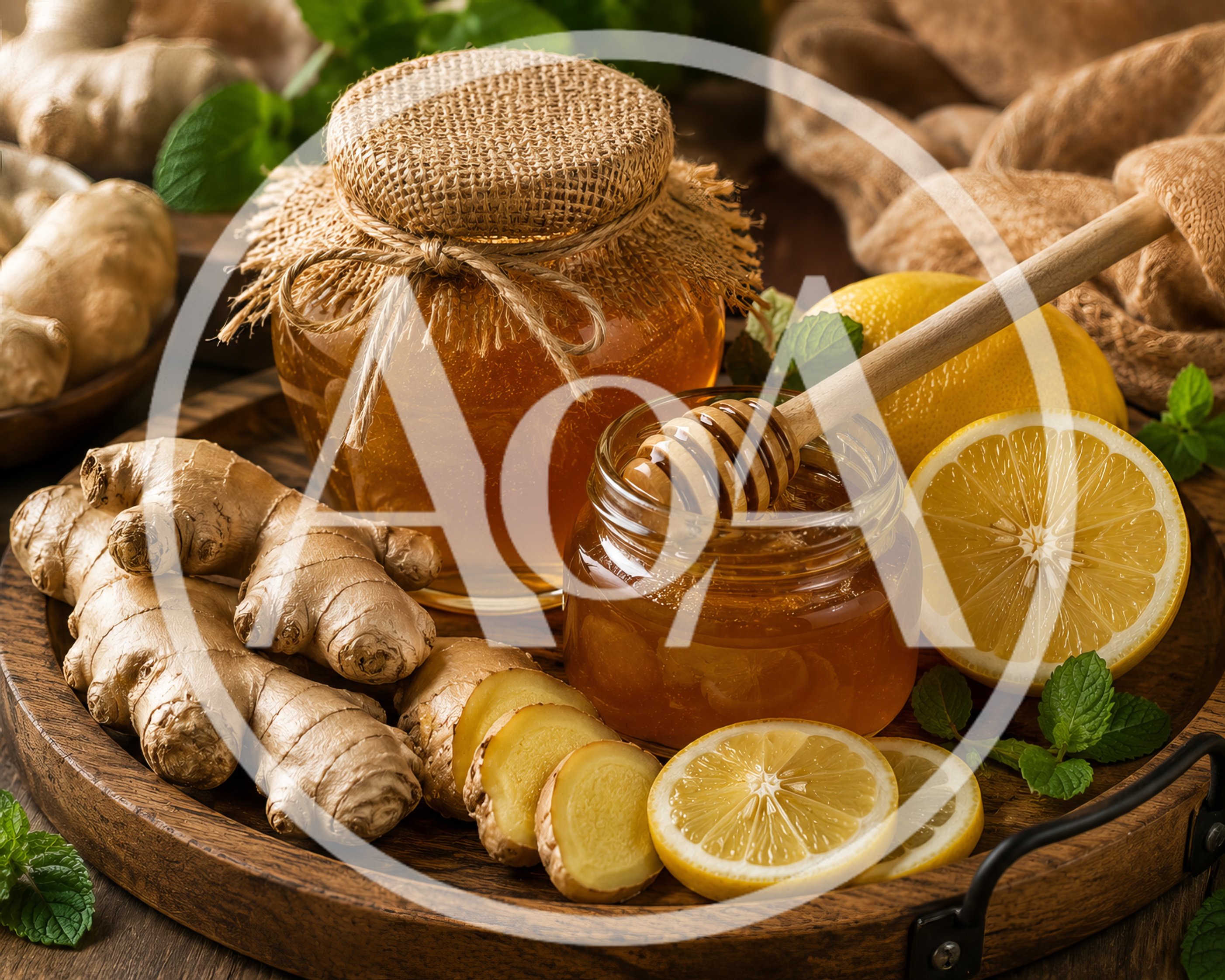Honey Jar with Ginger and Lemon on Wooden Tray