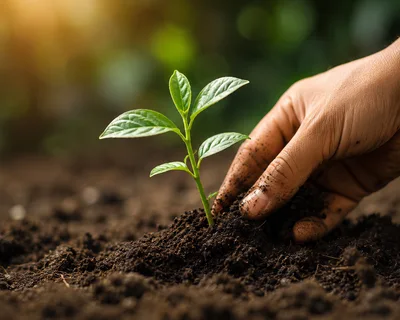Hand Planting A Small Green Seedling In Soil