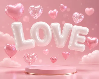 3D Rendered Pink Podium With Love Balloons