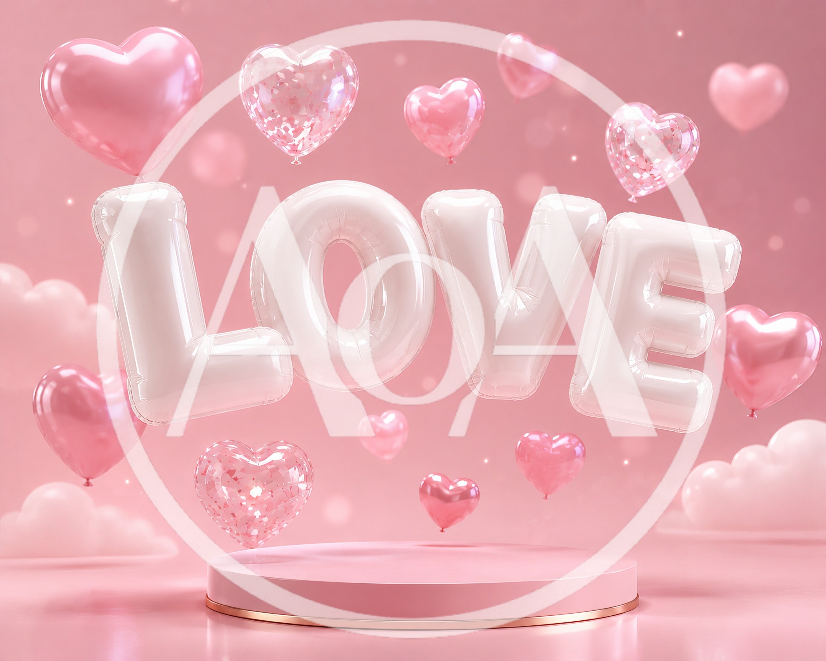 3D Rendered Pink Podium With Love Balloons