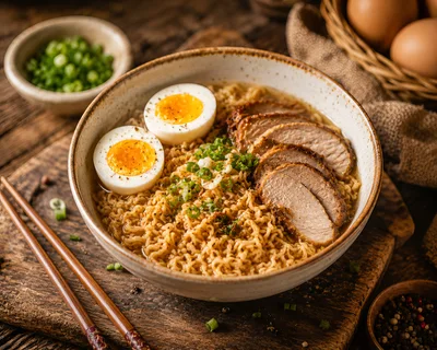 Bowl Of Ramen With Pork And Soft Boiled Eggs