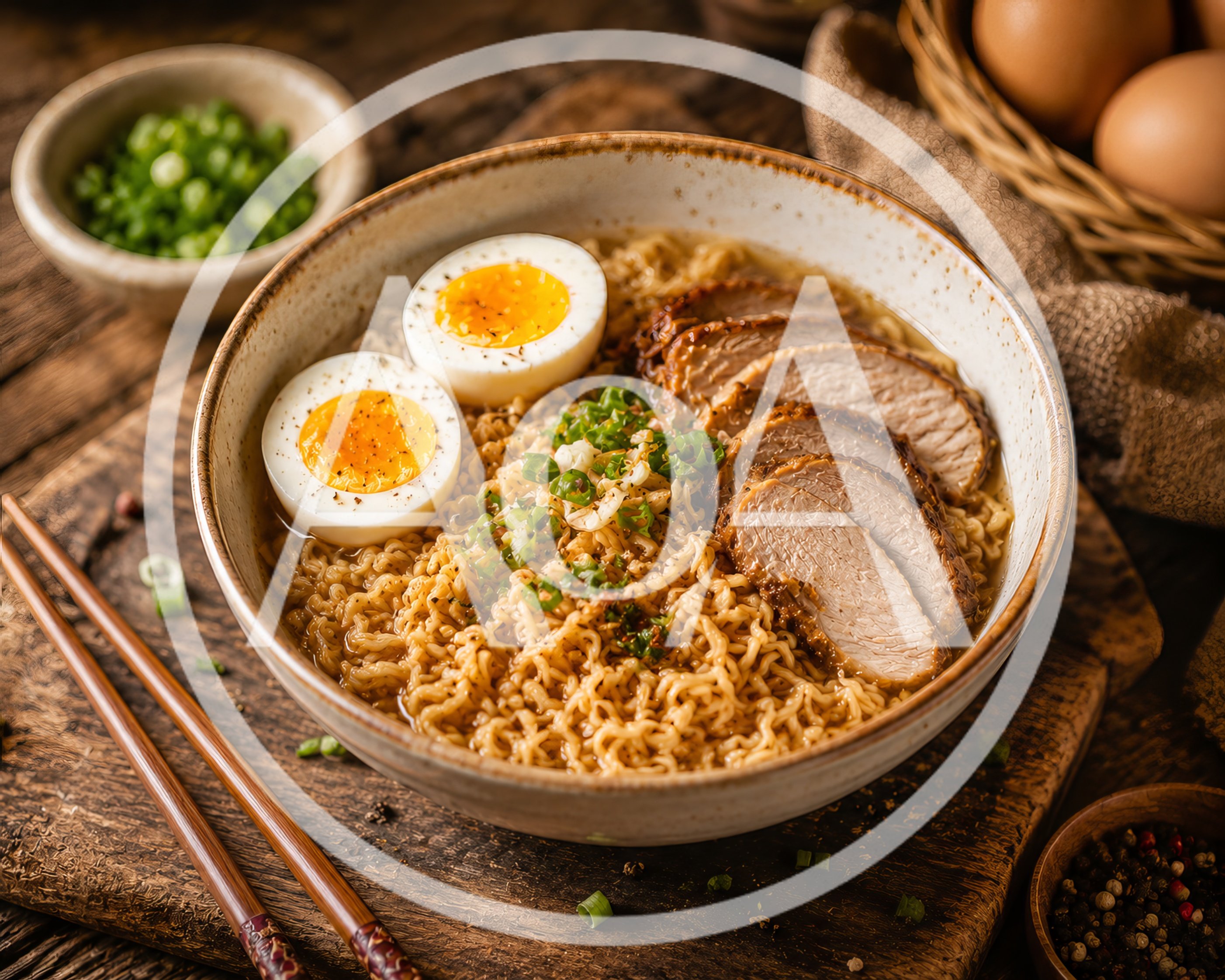 Bowl Of Ramen With Pork And Soft Boiled Eggs