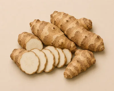 Fresh Jerusalem Artichokes With Slices On Beige Background