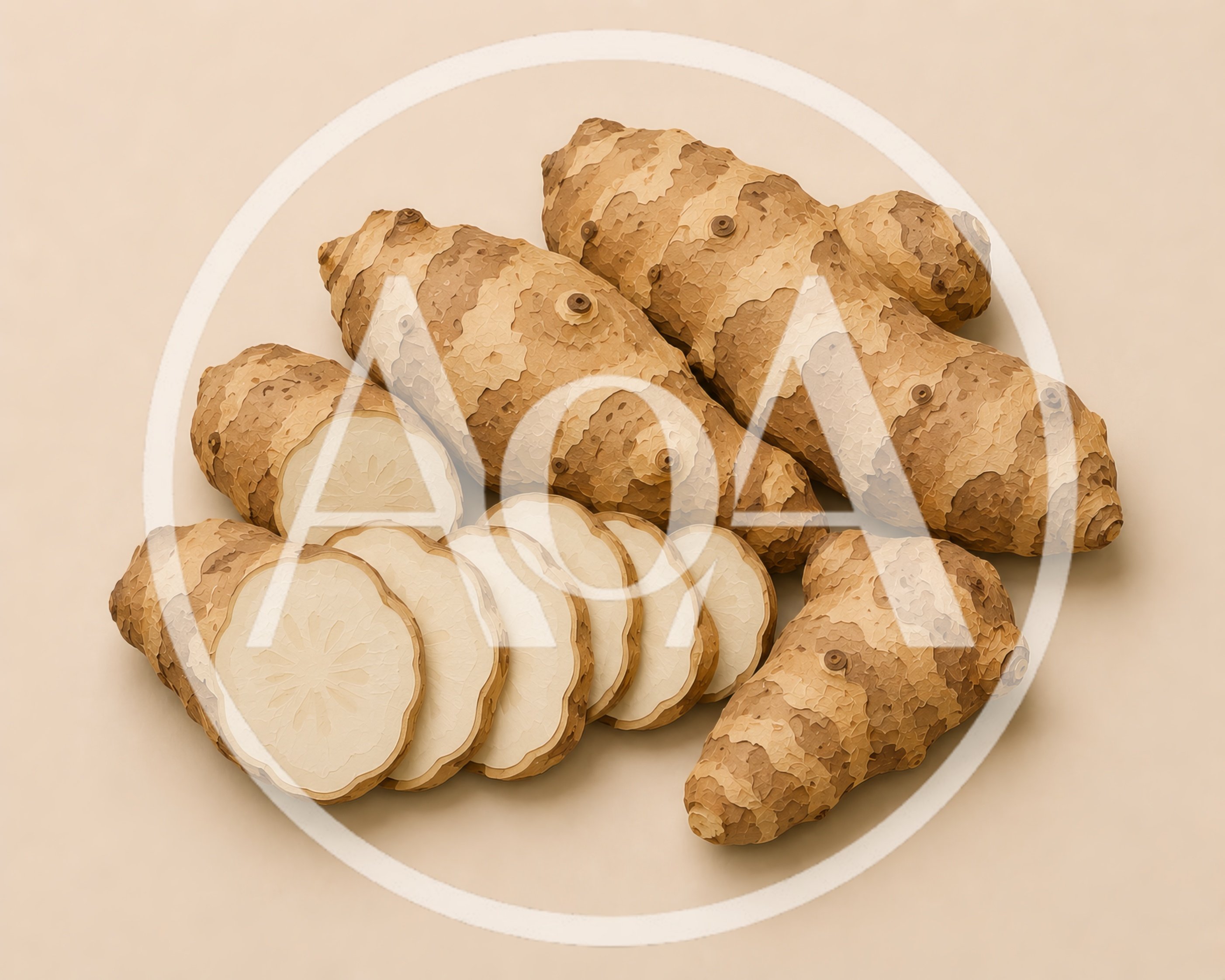 Fresh Jerusalem Artichokes With Slices On Beige Background