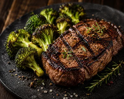 Grilled Beef Steak With Roasted Broccoli And Herbs