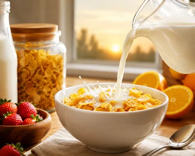 Milk Pouring Into A Bowl Of Cornflakes