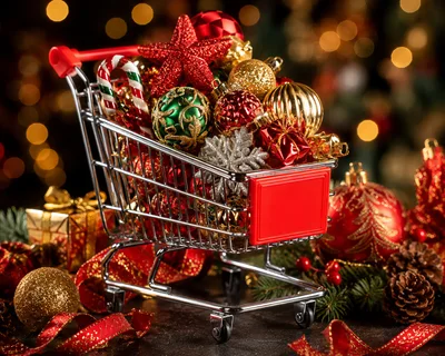 Miniature Shopping Cart Filled With Christmas Ornaments