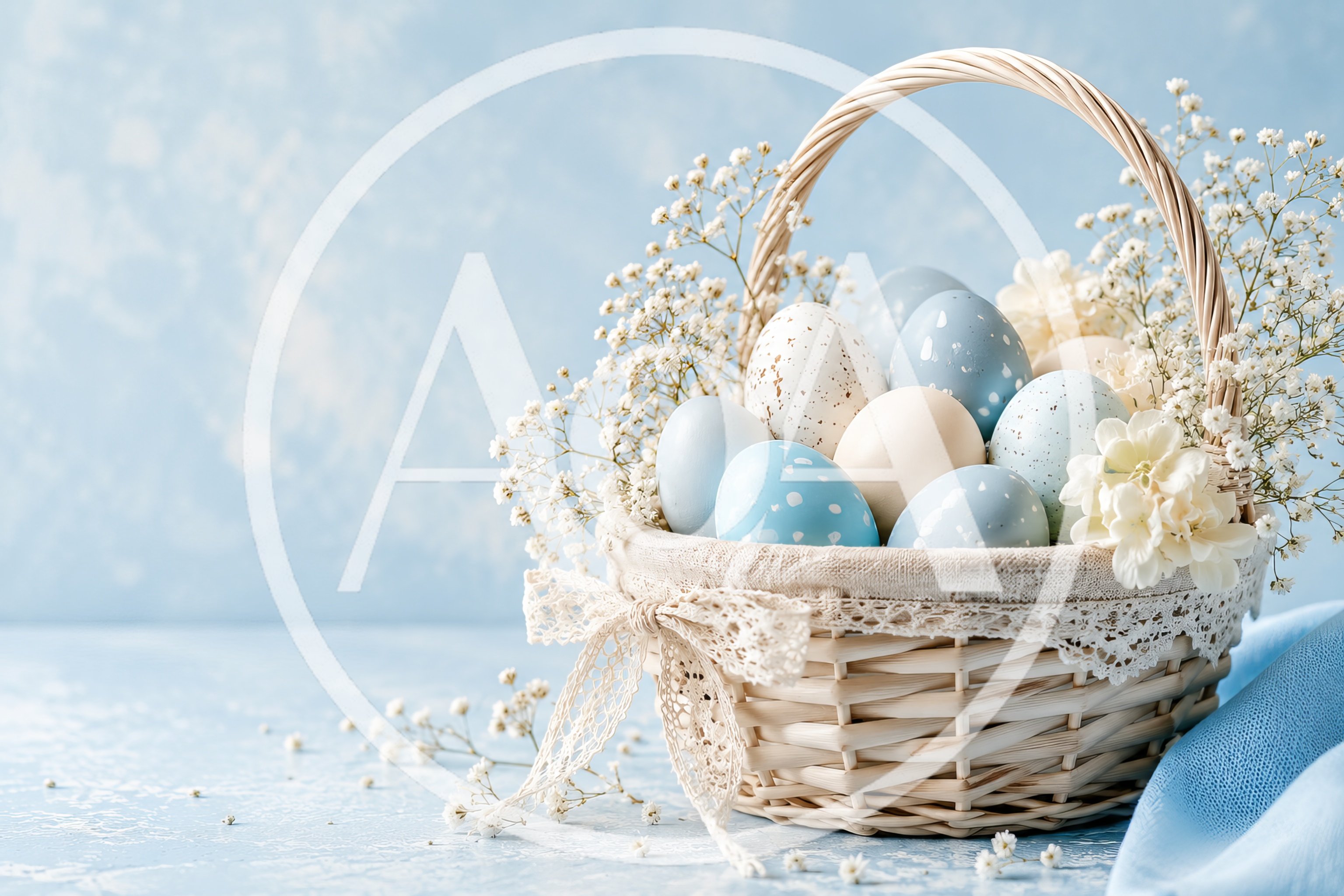 Easter Basket With Decorated Eggs And Flowers