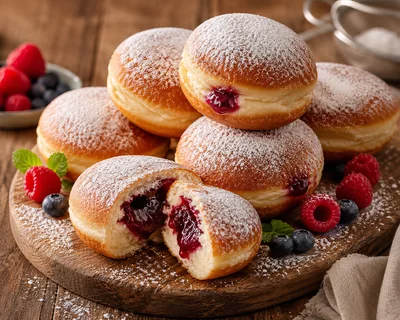 Freshly Baked Jelly Donuts With Powdered Sugar
