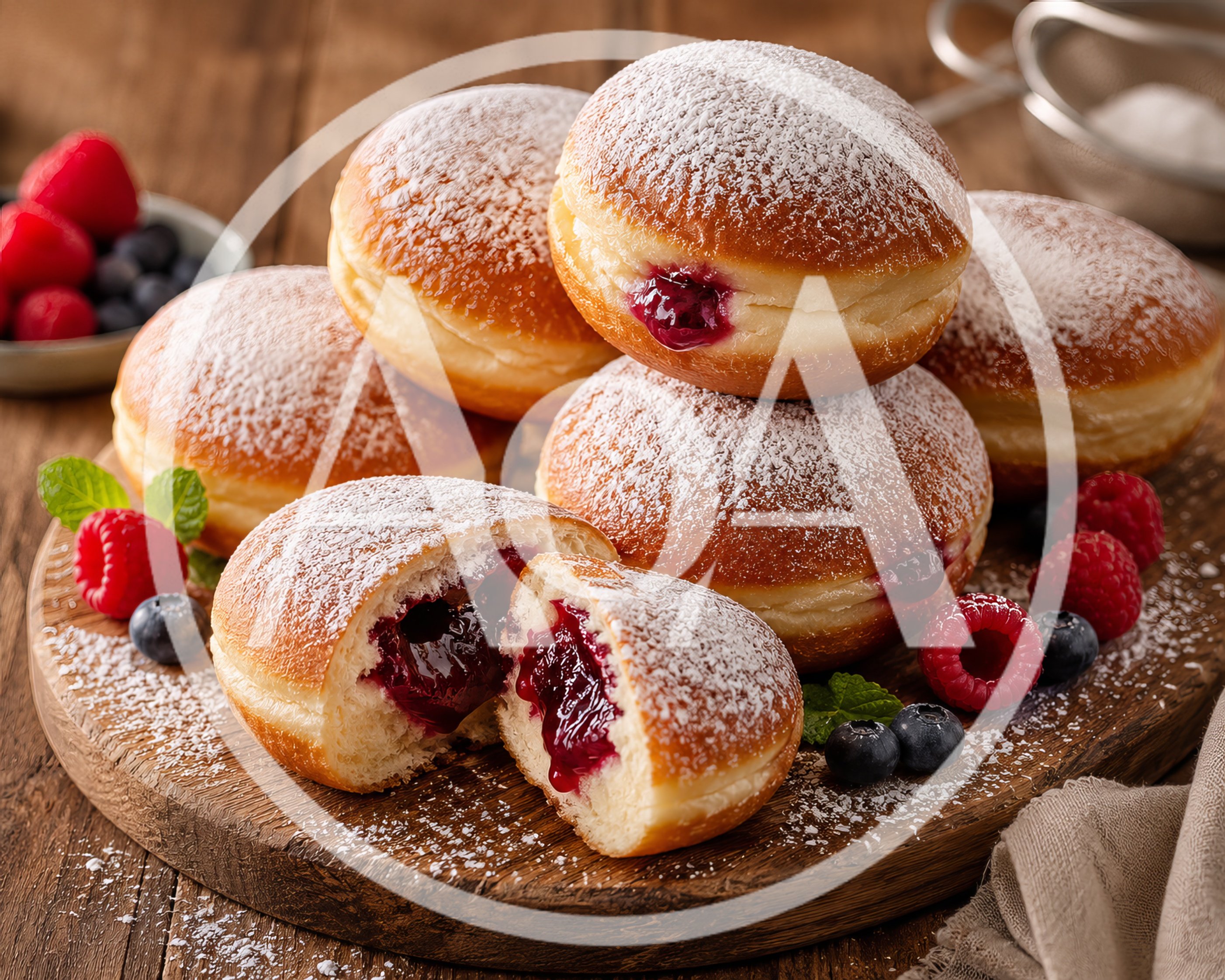 Freshly Baked Jelly Donuts With Powdered Sugar