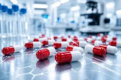 Red and White Medical Capsules on Laboratory Table