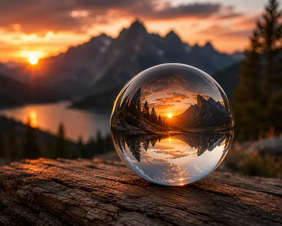 Crystal Ball Reflecting Mountain Sunset Over Lake