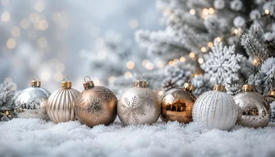 Christmas Ornaments Arranged on Snowy Surface