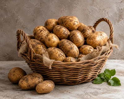 Fresh Raw Potatoes In A Woven Wicker Basket