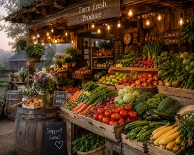Rustic Farm Fresh Produce Stand At Sunset