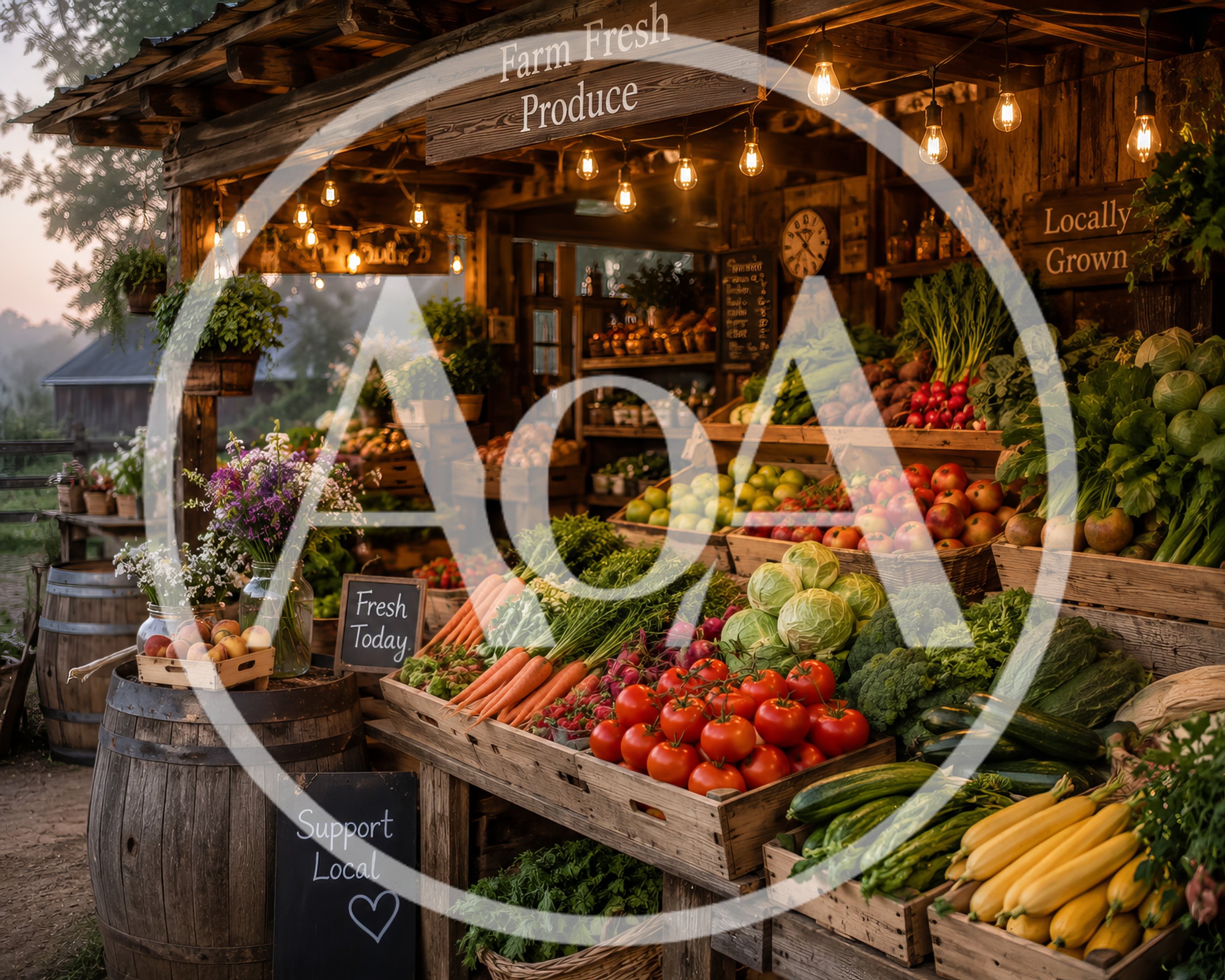 Rustic Farm Fresh Produce Stand At Sunset