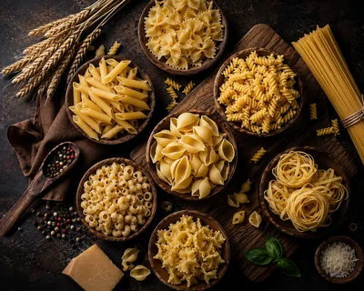 Assorted Dry Pasta Varieties in Wooden Bowls