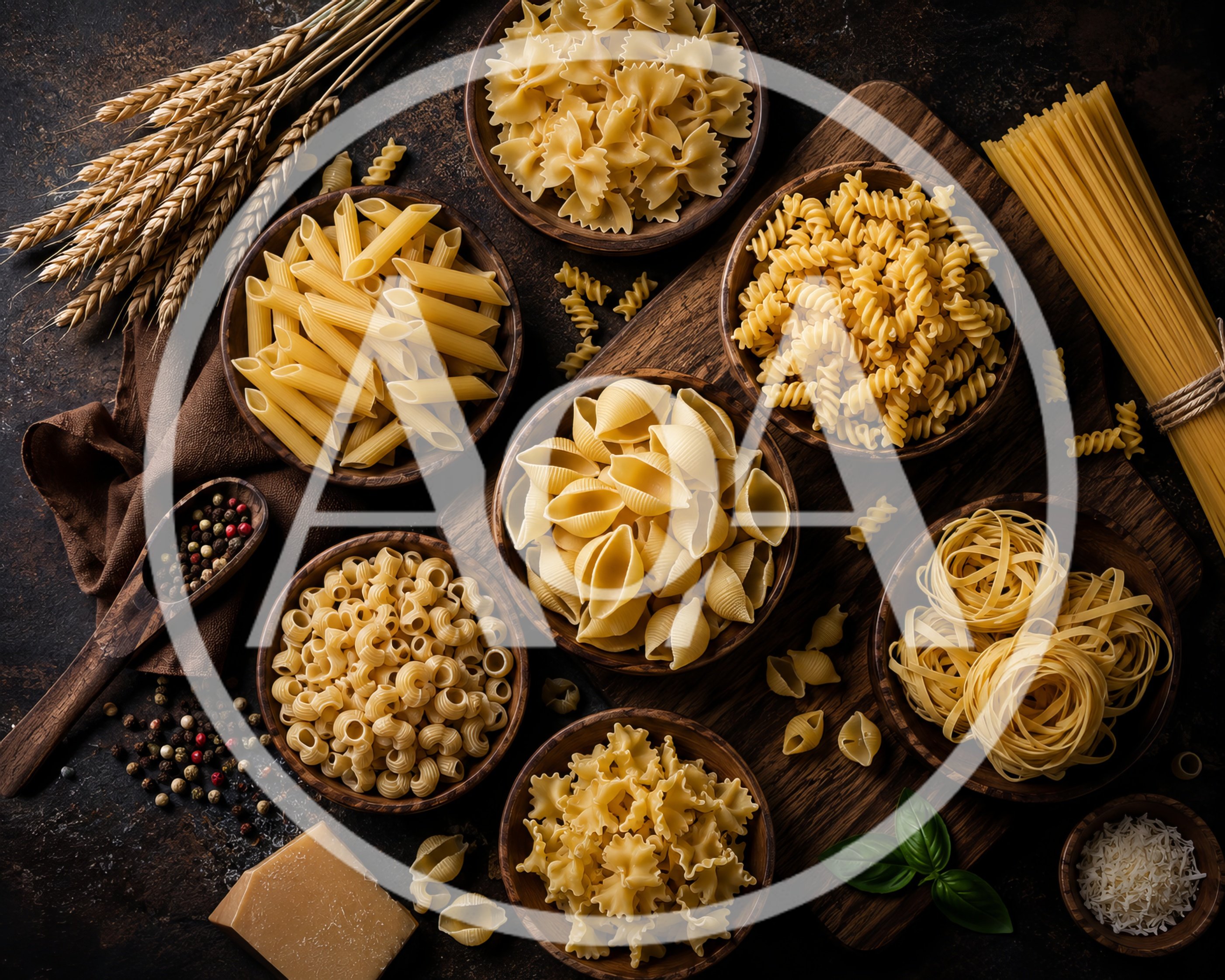 Assorted Dry Pasta Varieties in Wooden Bowls
