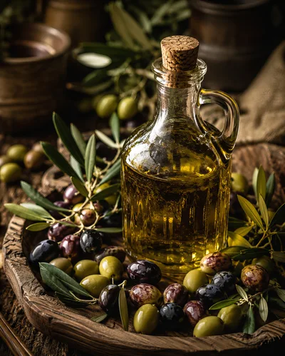 Glass Bottle Of Olive Oil With Fresh Olives