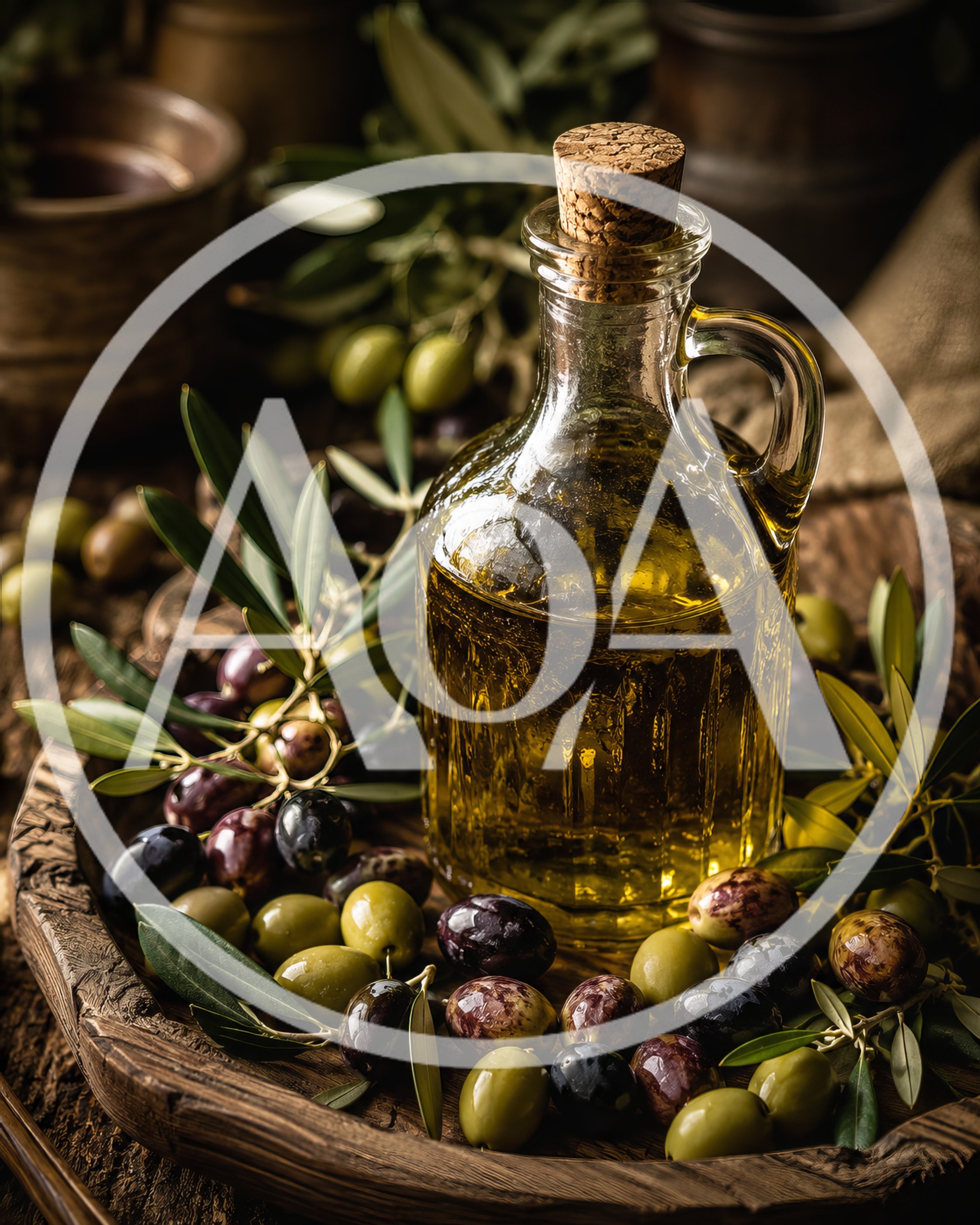 Glass Bottle Of Olive Oil With Fresh Olives