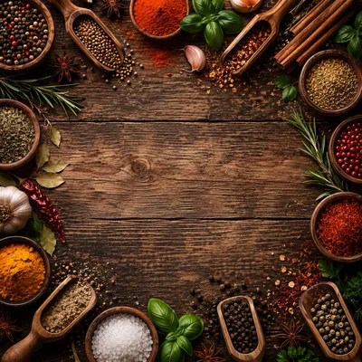 Assorted Spices and Herbs on Rustic Wooden Background