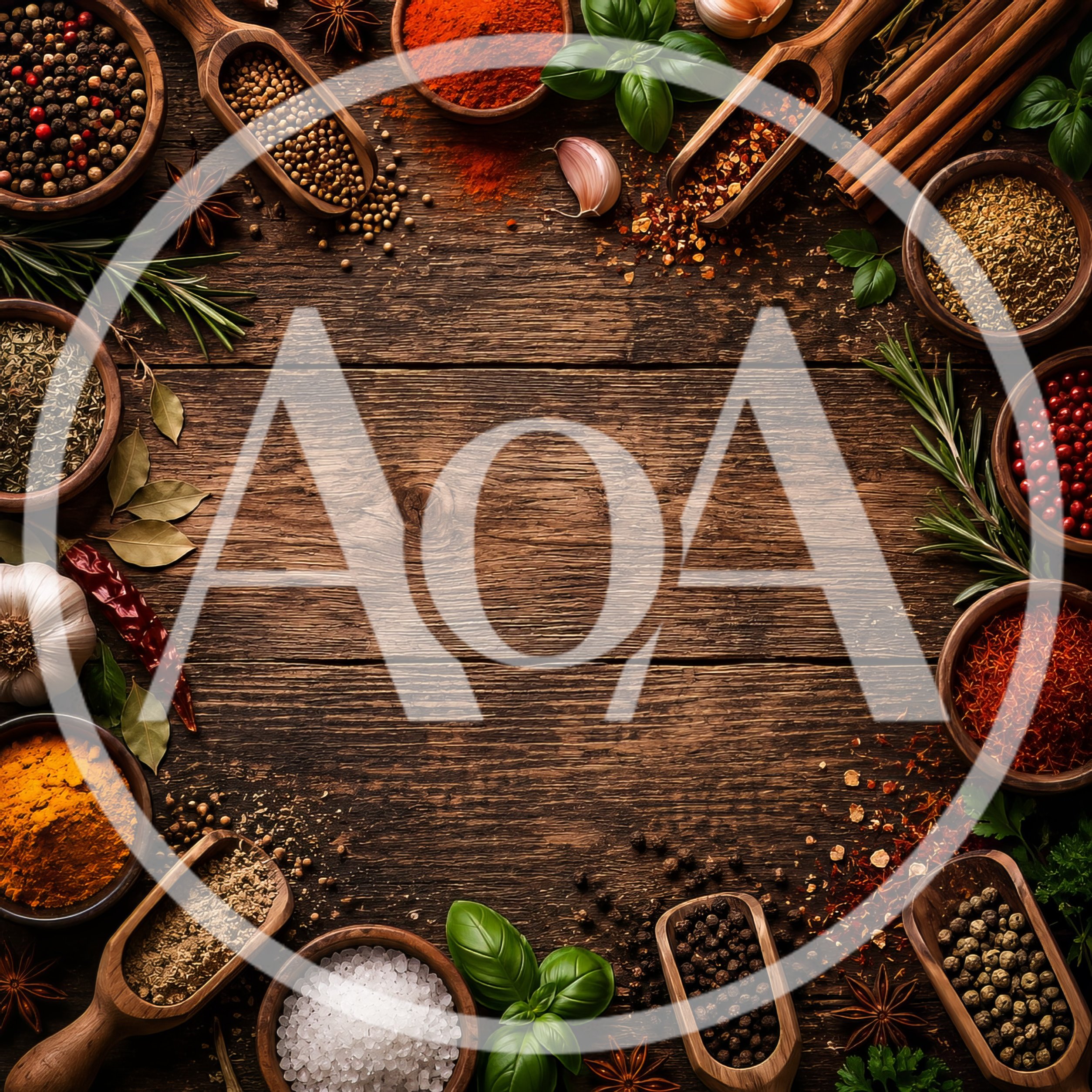Assorted Spices and Herbs on Rustic Wooden Background