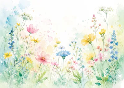 Watercolor Illustration Of Wildflowers In A Meadow