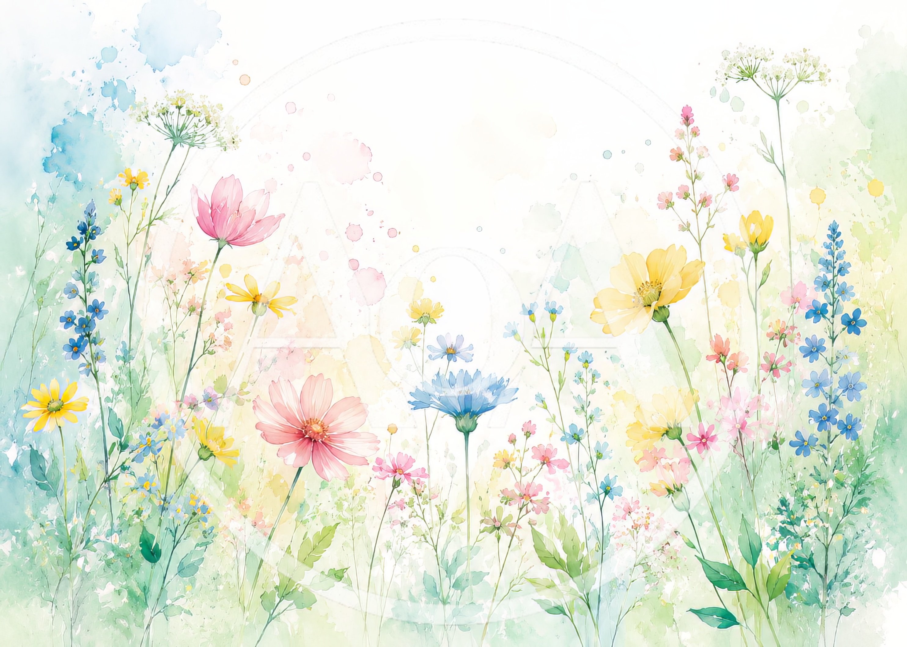 Watercolor Illustration Of Wildflowers In A Meadow