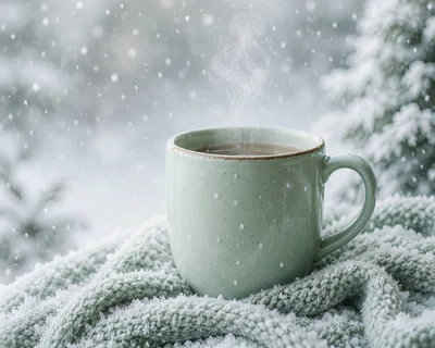 Steaming Mug Of Hot Beverage On Snowy Knitted Blanket