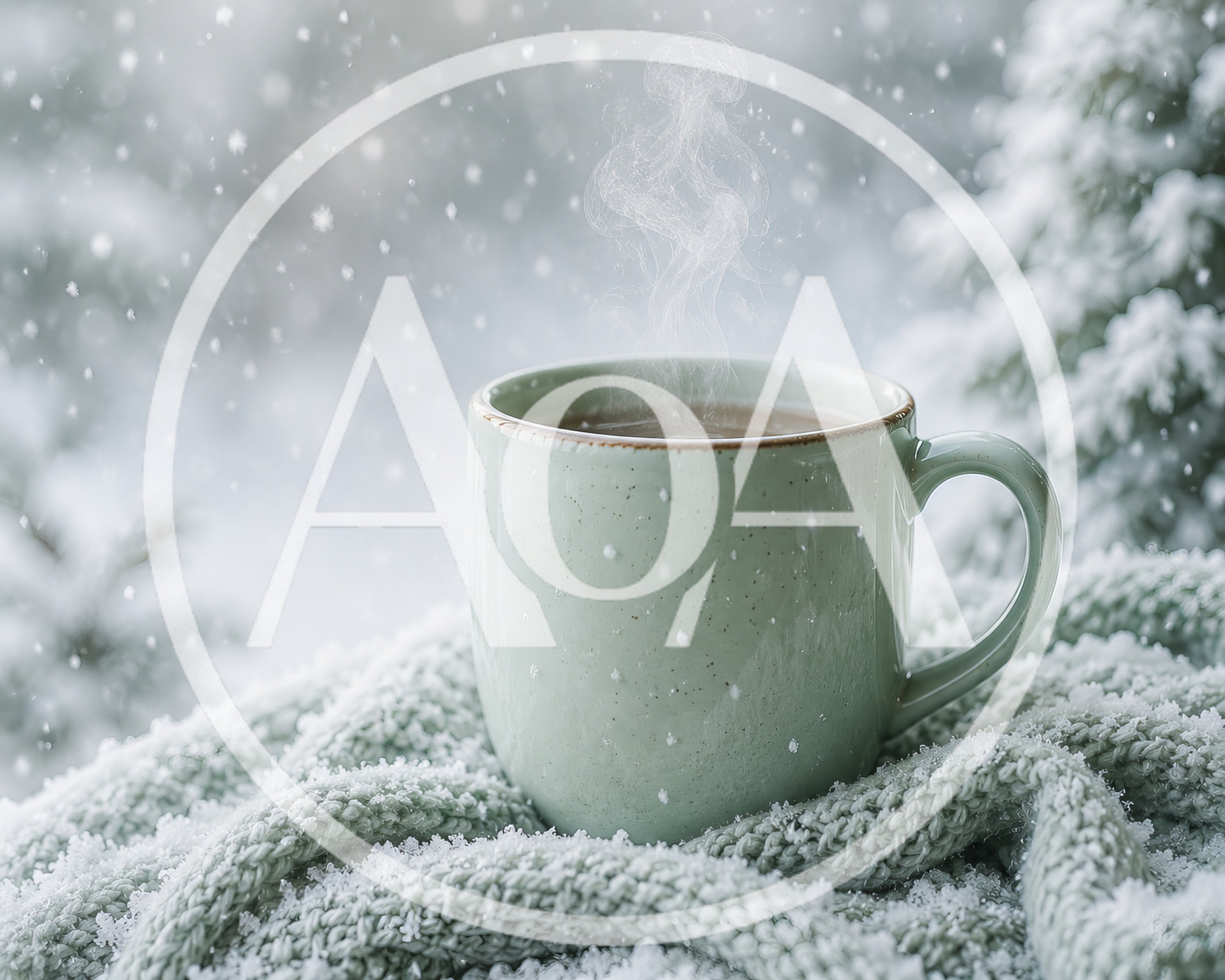 Steaming Mug Of Hot Beverage On Snowy Knitted Blanket