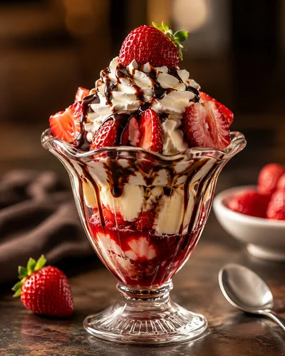 Strawberry Sundae With Chocolate Sauce In Glass Cup