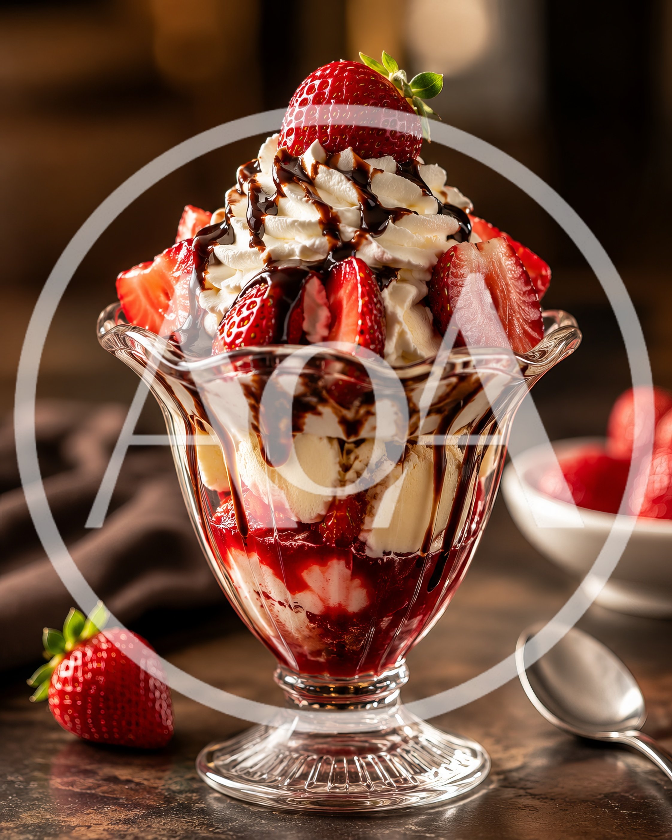 Strawberry Sundae With Chocolate Sauce In Glass Cup