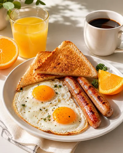 Classic Breakfast Plate With Eggs Sausages And Toast