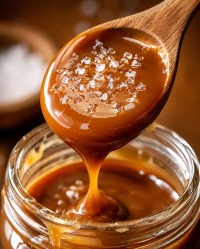 Wooden Spoon Drizzling Salted Caramel Into Glass Jar