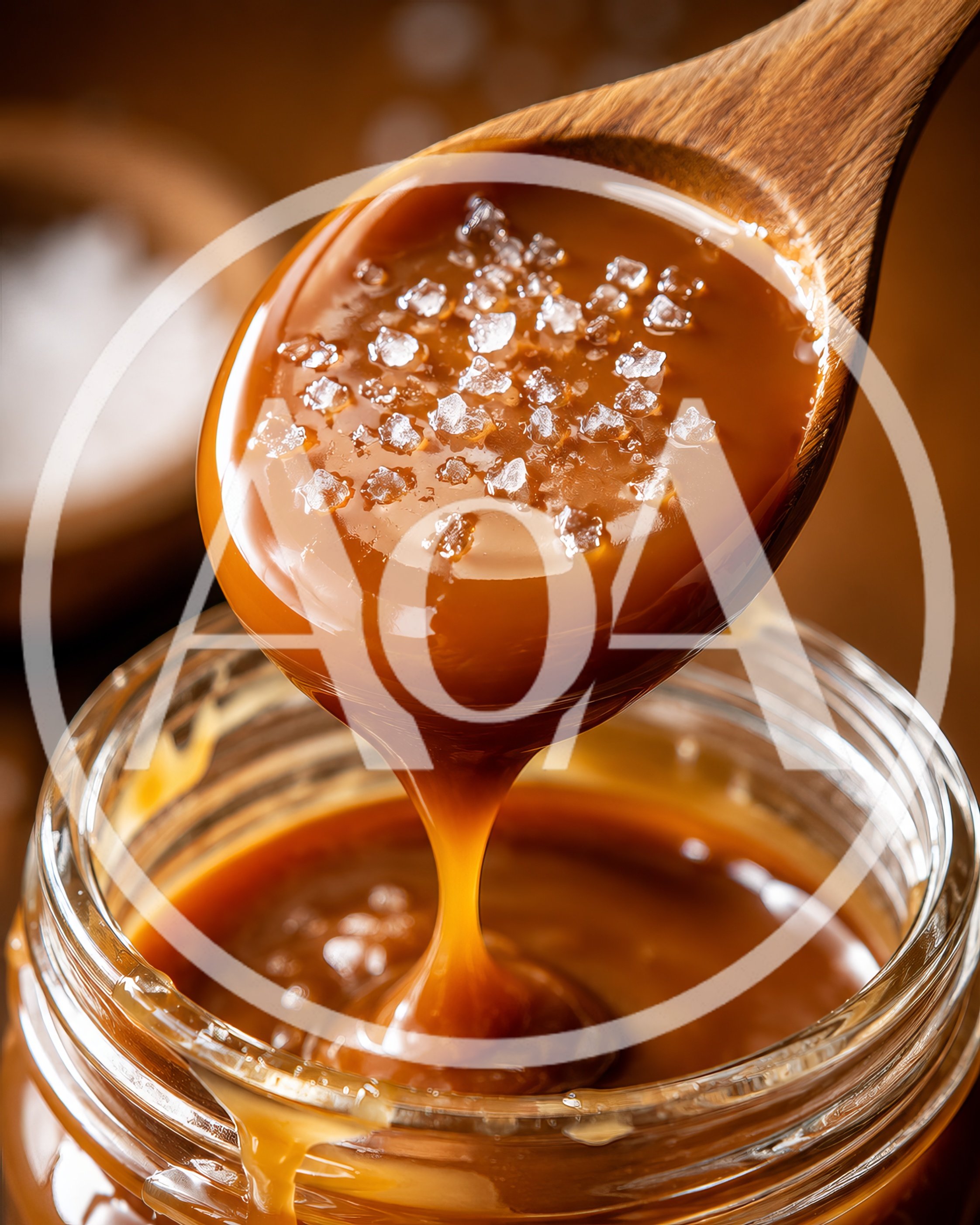 Wooden Spoon Drizzling Salted Caramel Into Glass Jar