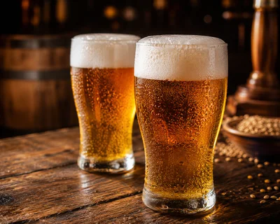 Two Glasses Of Cold Golden Beer On Wooden Table