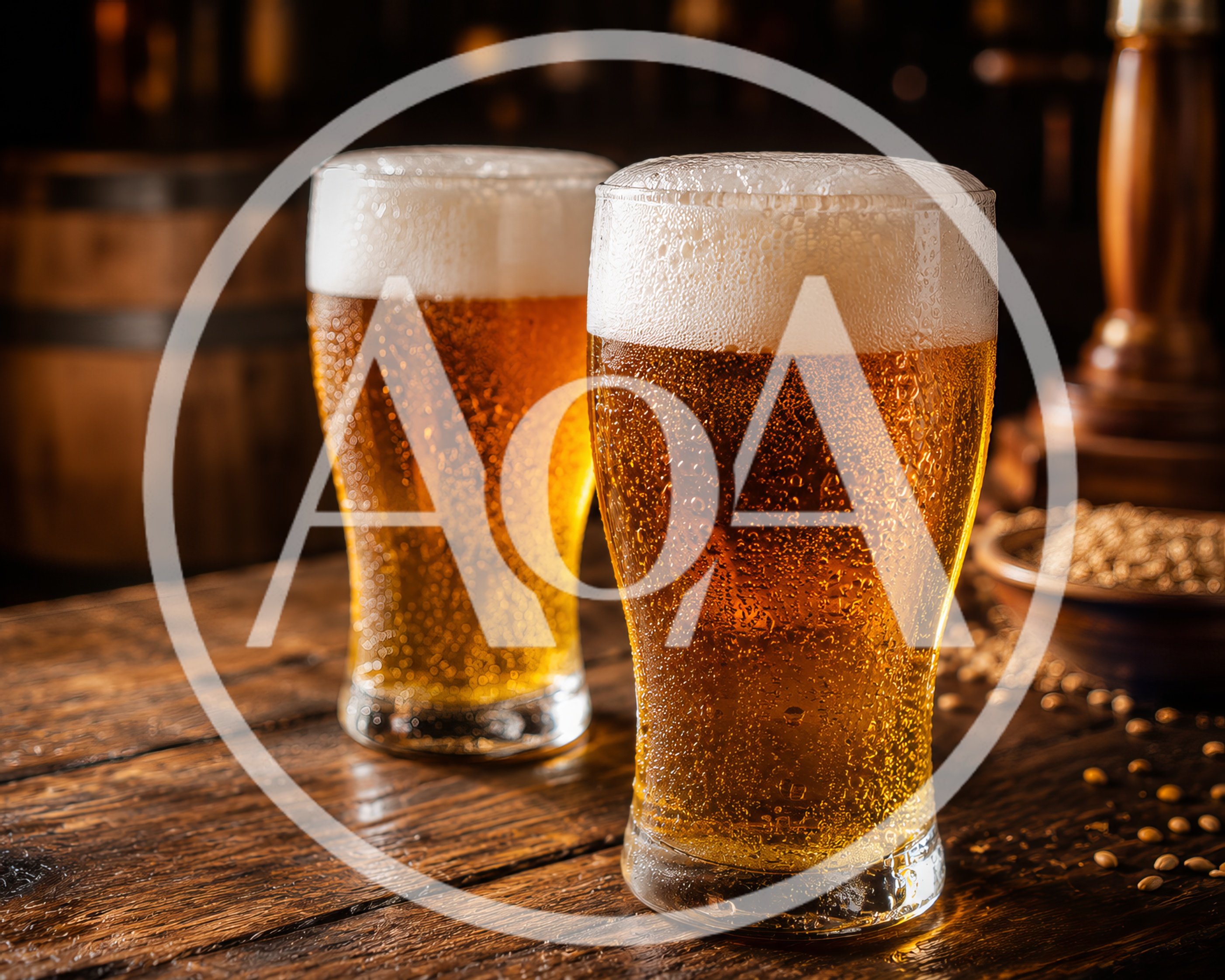 Two Glasses Of Cold Golden Beer On Wooden Table