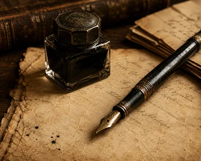 Vintage Fountain Pen And Inkwell On Aged Parchment