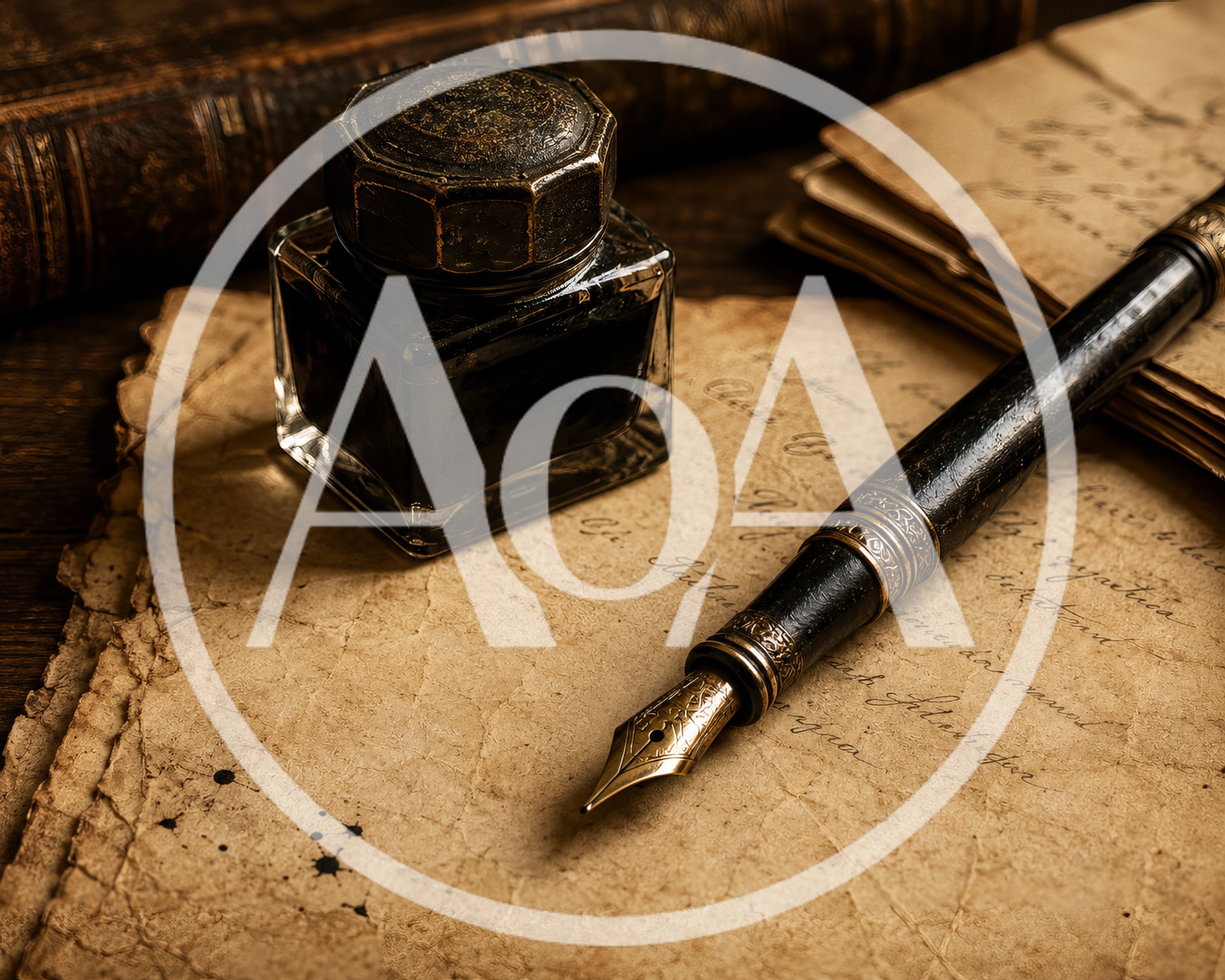 Vintage Fountain Pen And Inkwell On Aged Parchment