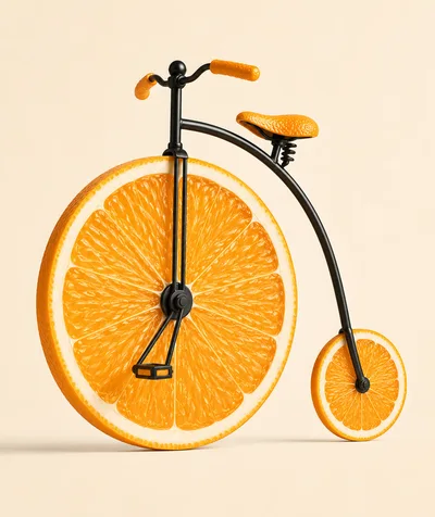 Surreal Penny Farthing Bicycle With Orange Slice Wheels