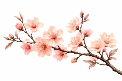 Delicate Pink Cherry Blossom Branch Isolated On White