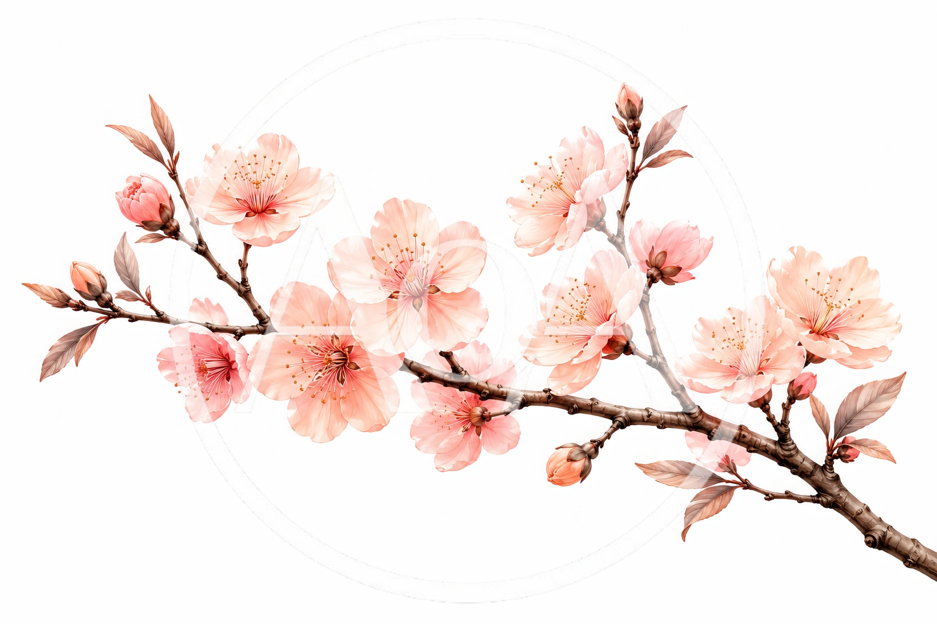 Delicate Pink Cherry Blossom Branch Isolated On White