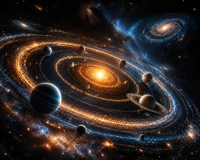 Cosmic Solar System With Glowing Planetary Orbits