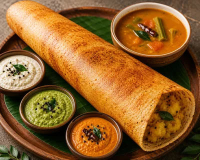 South Indian Masala Dosa With Chutneys And Sambar