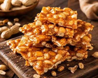 Stack of Homemade Peanut Brittle on Wooden Board