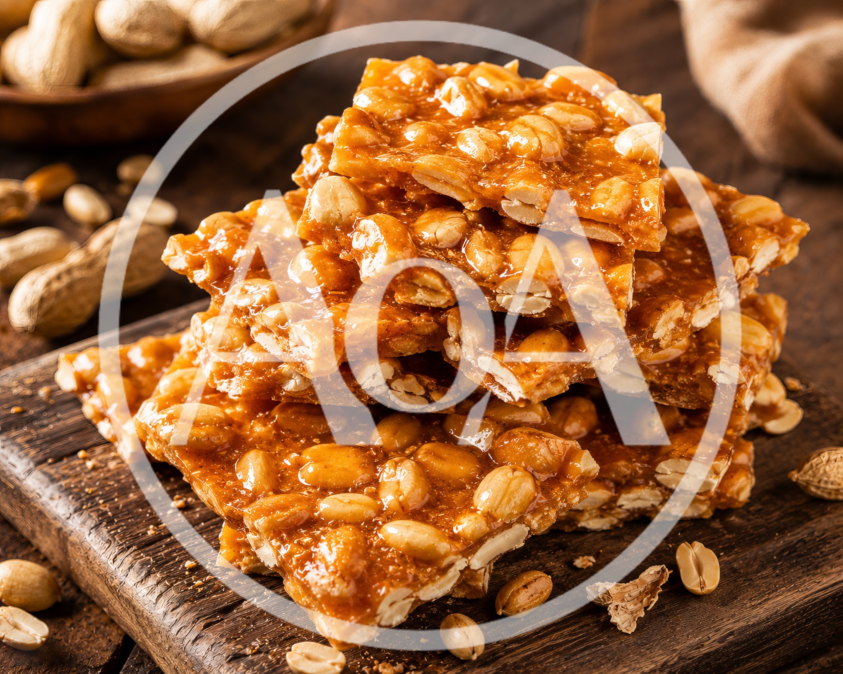 Stack of Homemade Peanut Brittle on Wooden Board