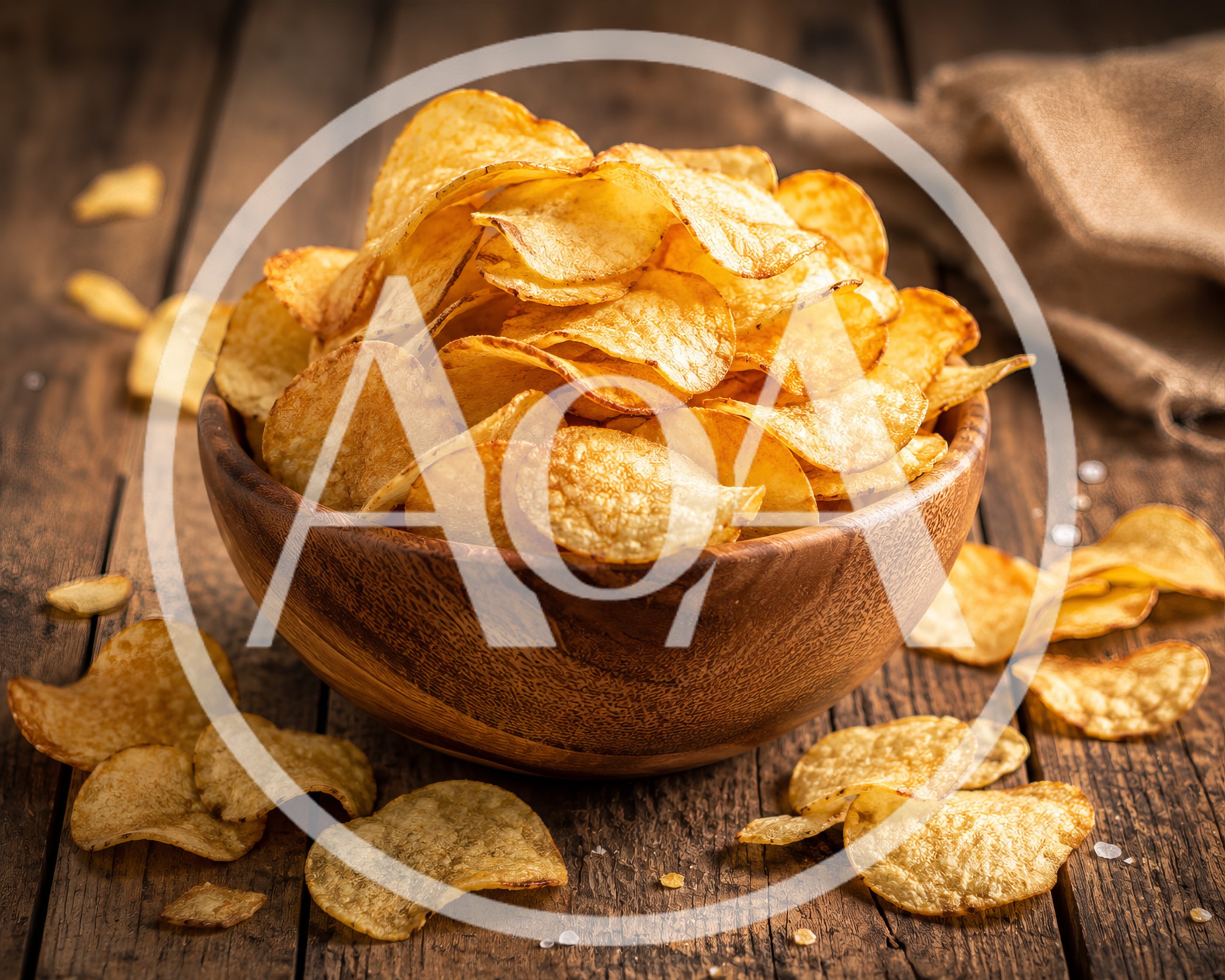 Crispy Potato Chips In A Wooden Bowl