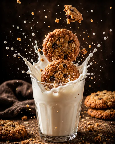 Oatmeal Chocolate Chip Cookies Splashing Into Milk