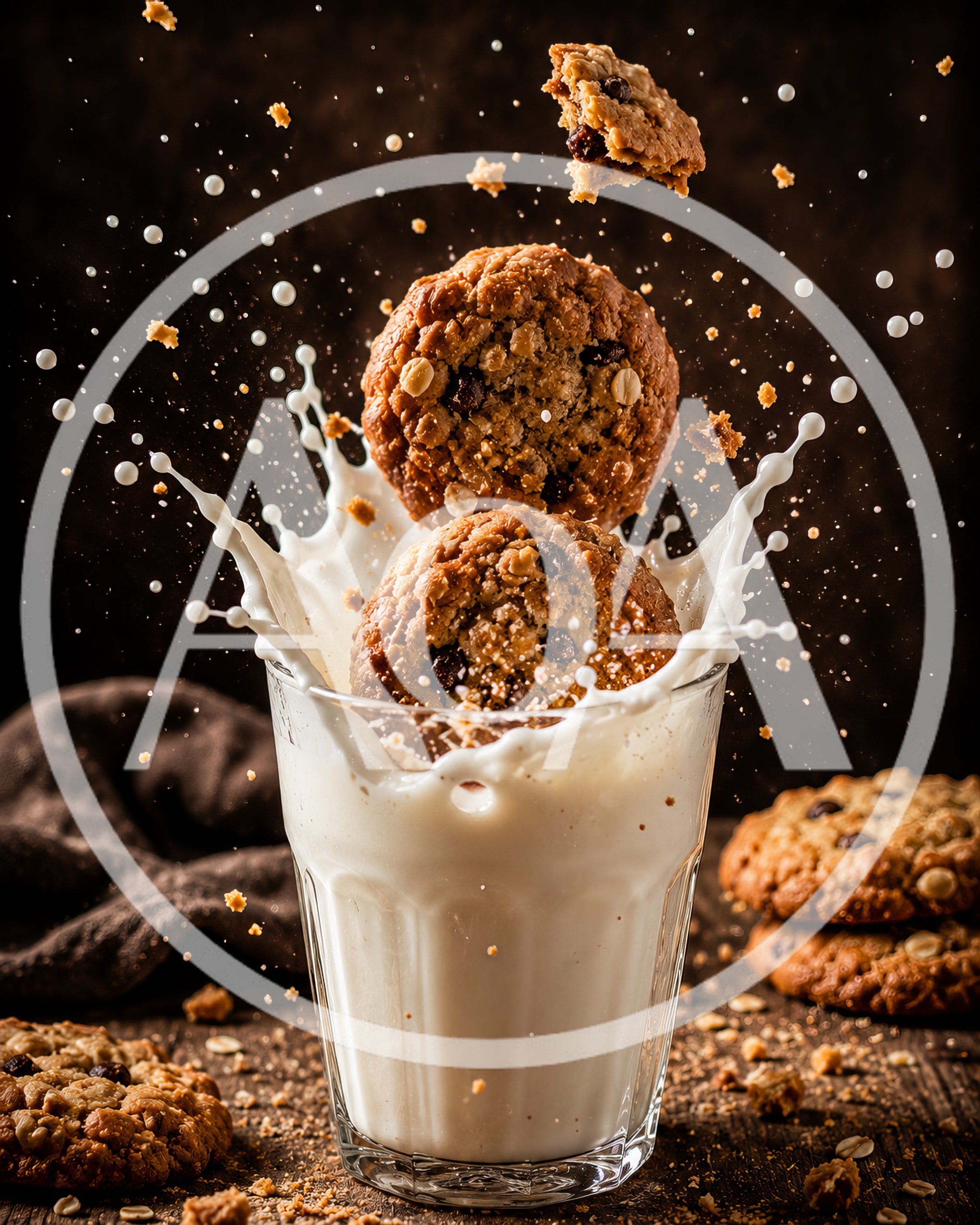 Oatmeal Chocolate Chip Cookies Splashing Into Milk