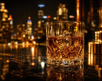 Crystal Whiskey Glass With Ice On Marble Bar